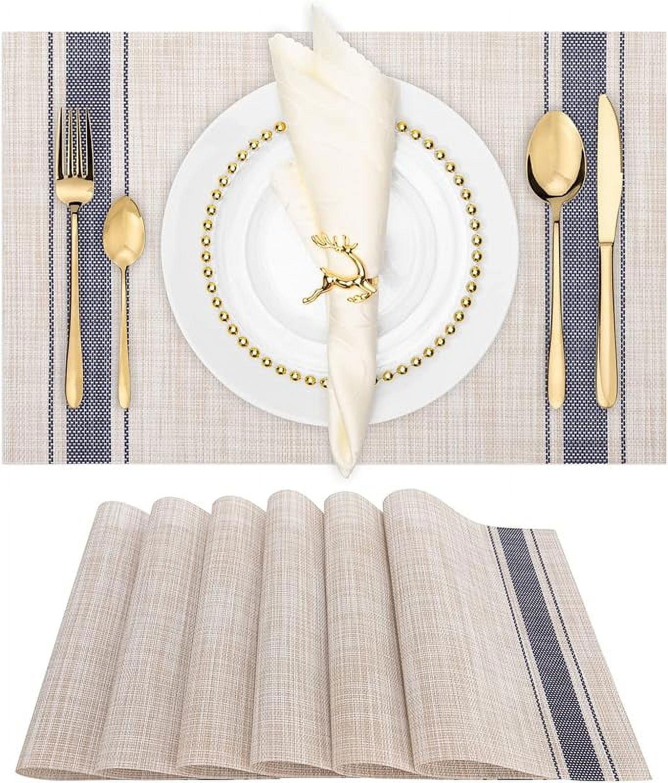 Beige Blue Woven Vinyl Heat Resistant Placemats, Set of 8