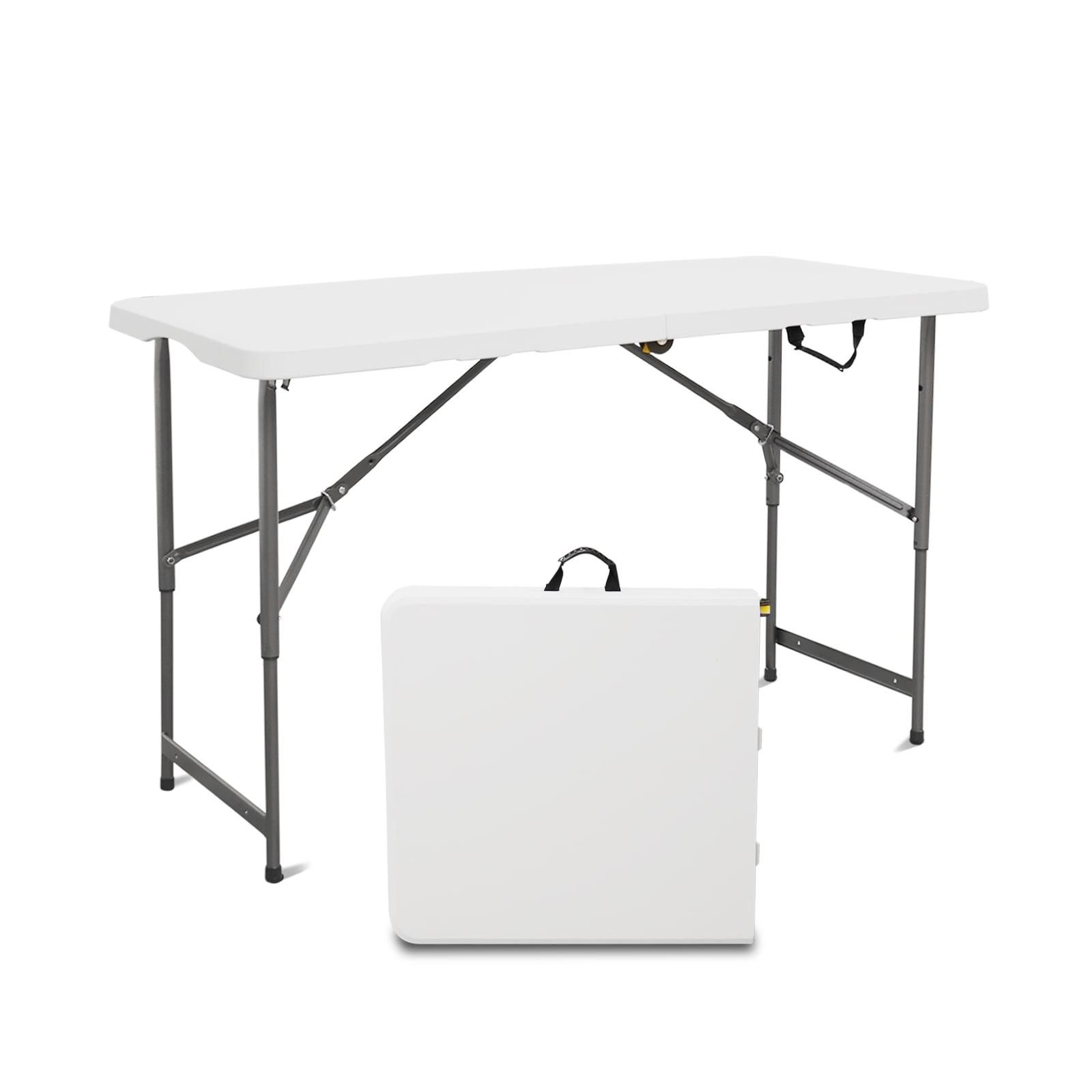 4 ft Portable Folding Table, Idustrial Heavy-Duty Foldable Table, HDPE Plastic Table, with Carrying Handle, Locks, Stright Legs for Indoor & Outdoor Party, Barbeque, Camping, Board Games - White