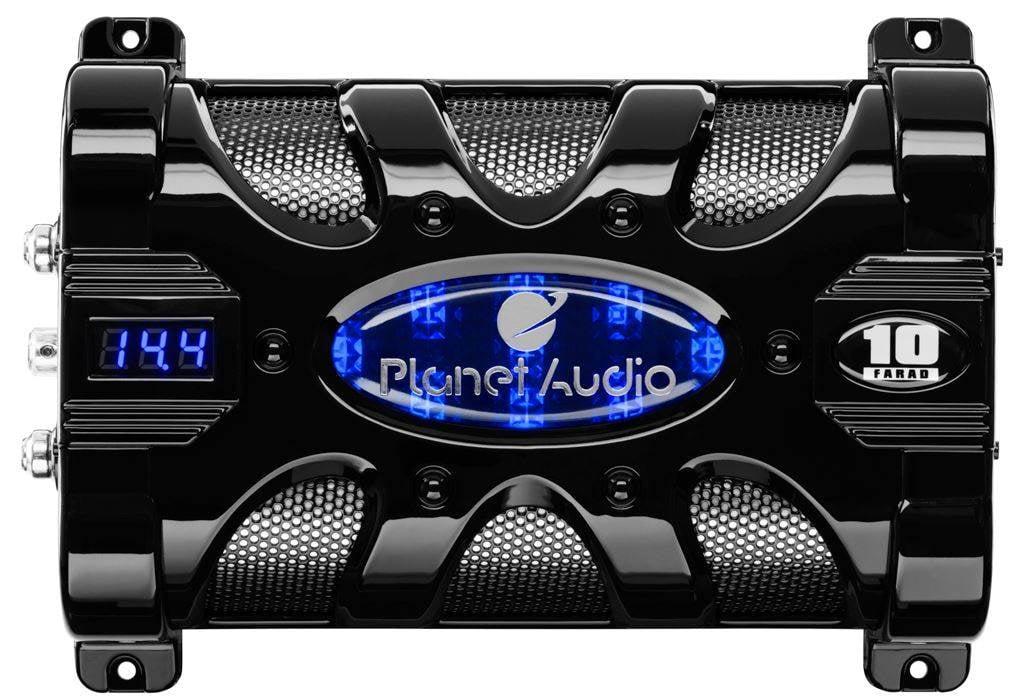 Planet Audio PC10F 10 Farad 24-Volt DC Surge 3-Digit Digital Blue LED Voltage Display Car Audio Power Capacitor Cap, Black