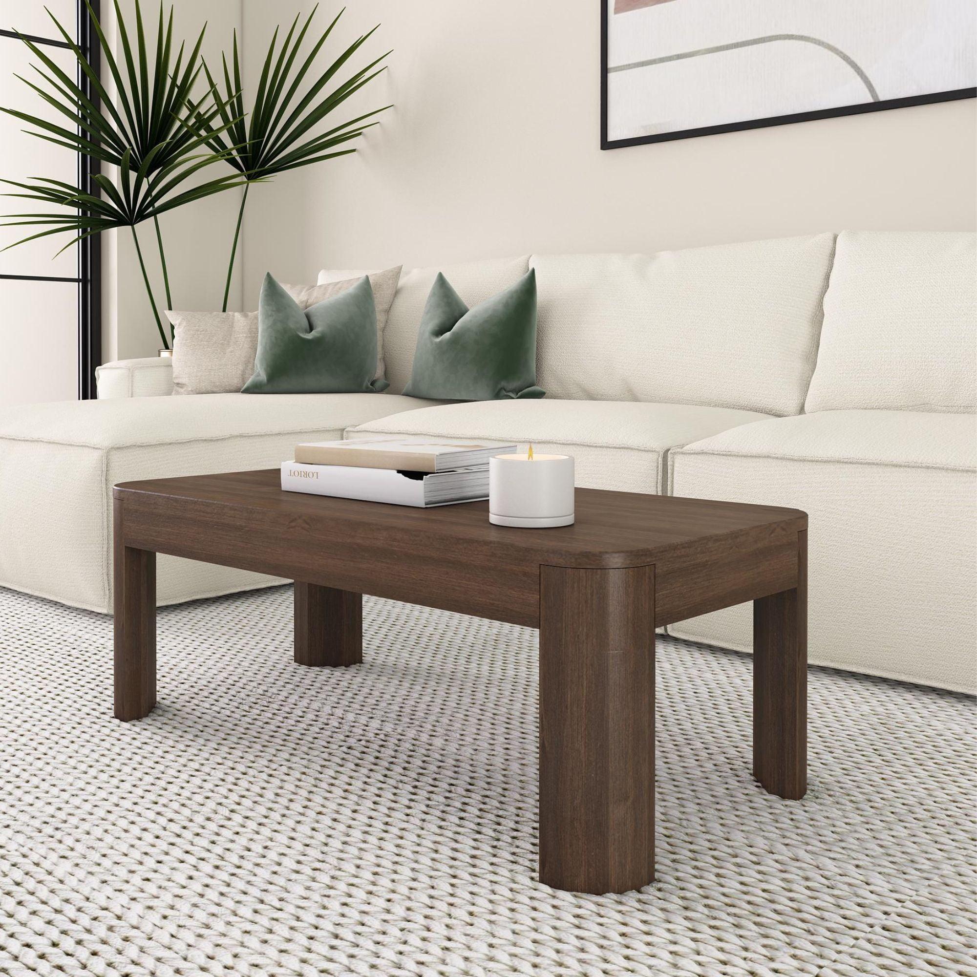 Walnut Pinewood Rectangular Coffee Table with Rounded Edges