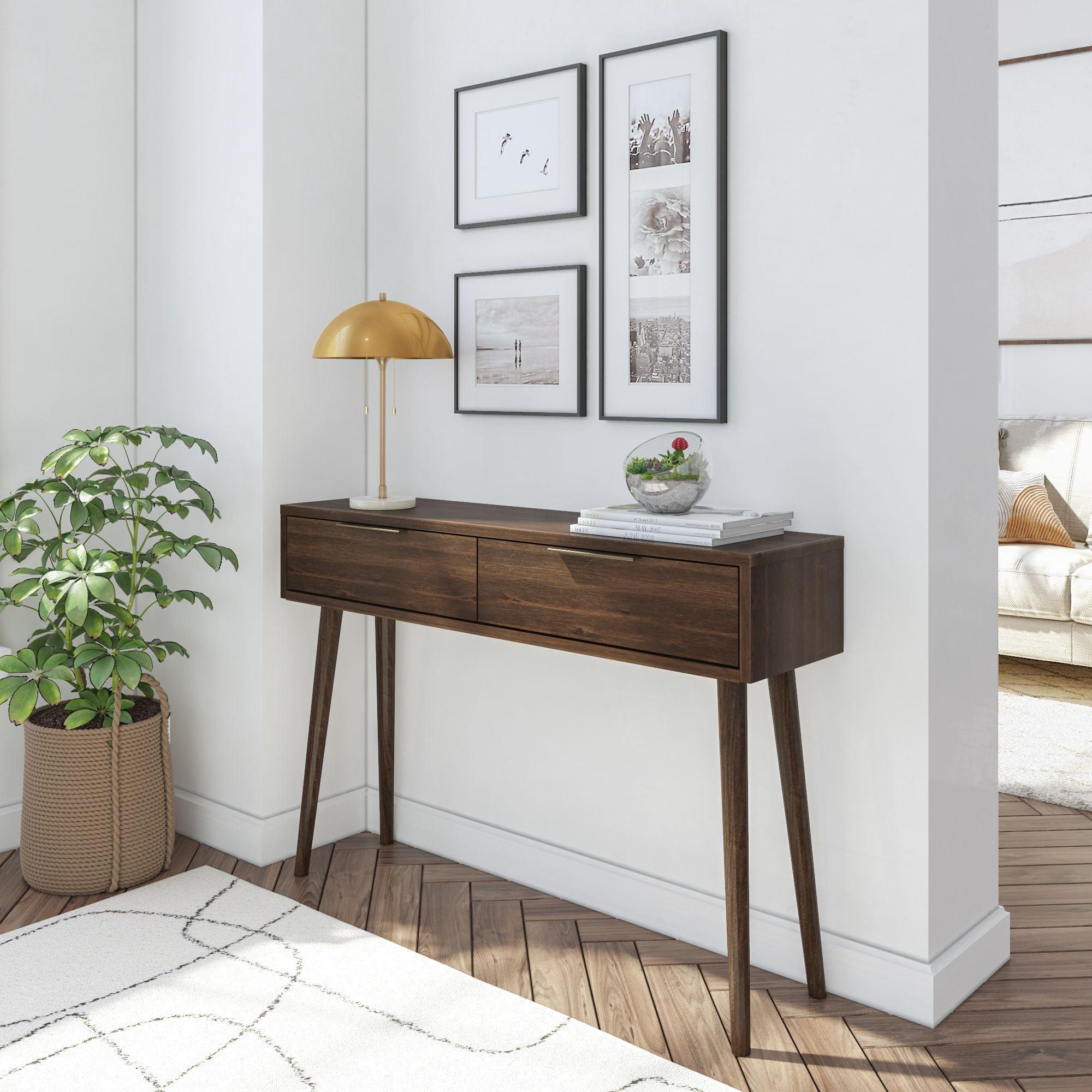 Walnut Mid Century Modern Console Table with Storage Shelves