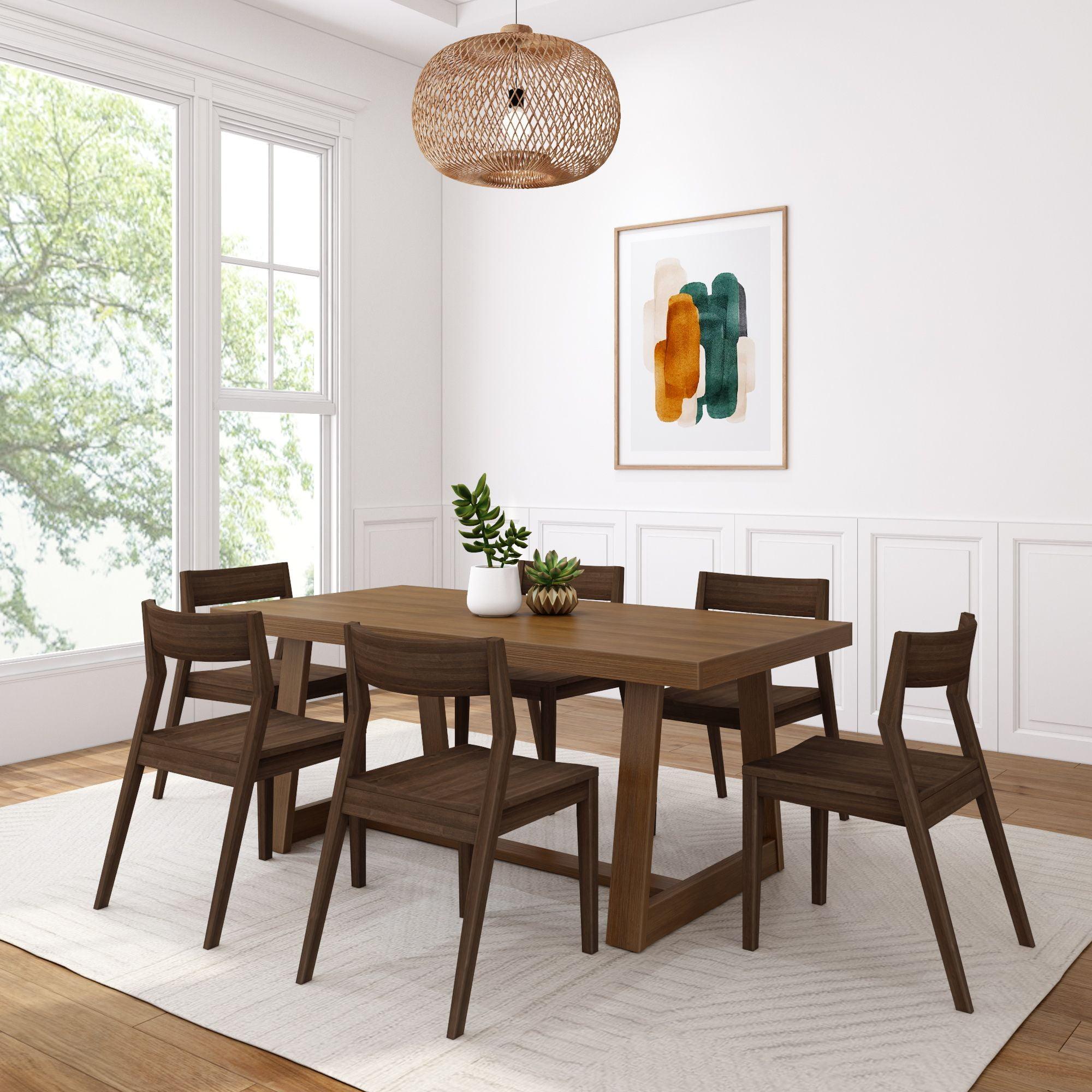 Plank+Beam 72" Classic Solid Wood Dining Table Set with 6 Chairs, White Wirebrush, Black