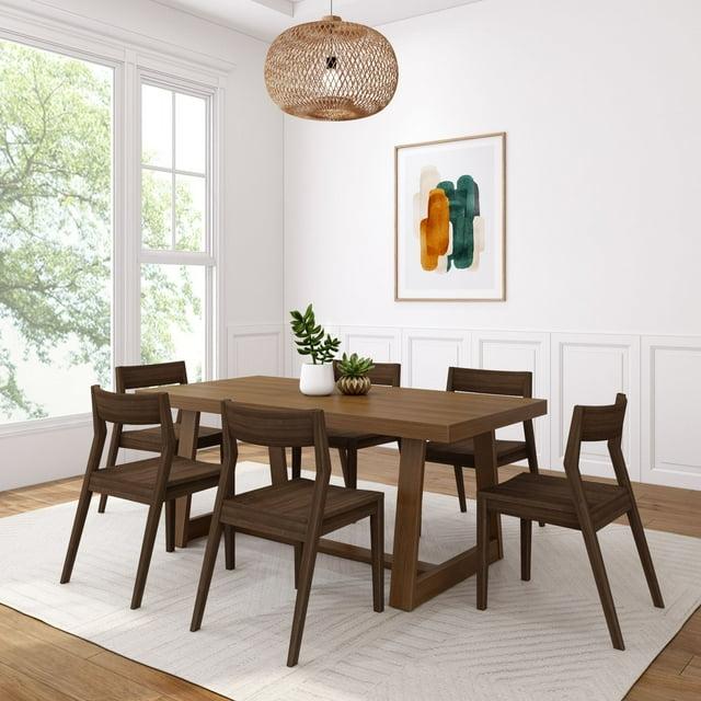 Plank+Beam 72" Classic Solid Wood Dining Table Set with 6 Chairs, White Wirebrush, Black