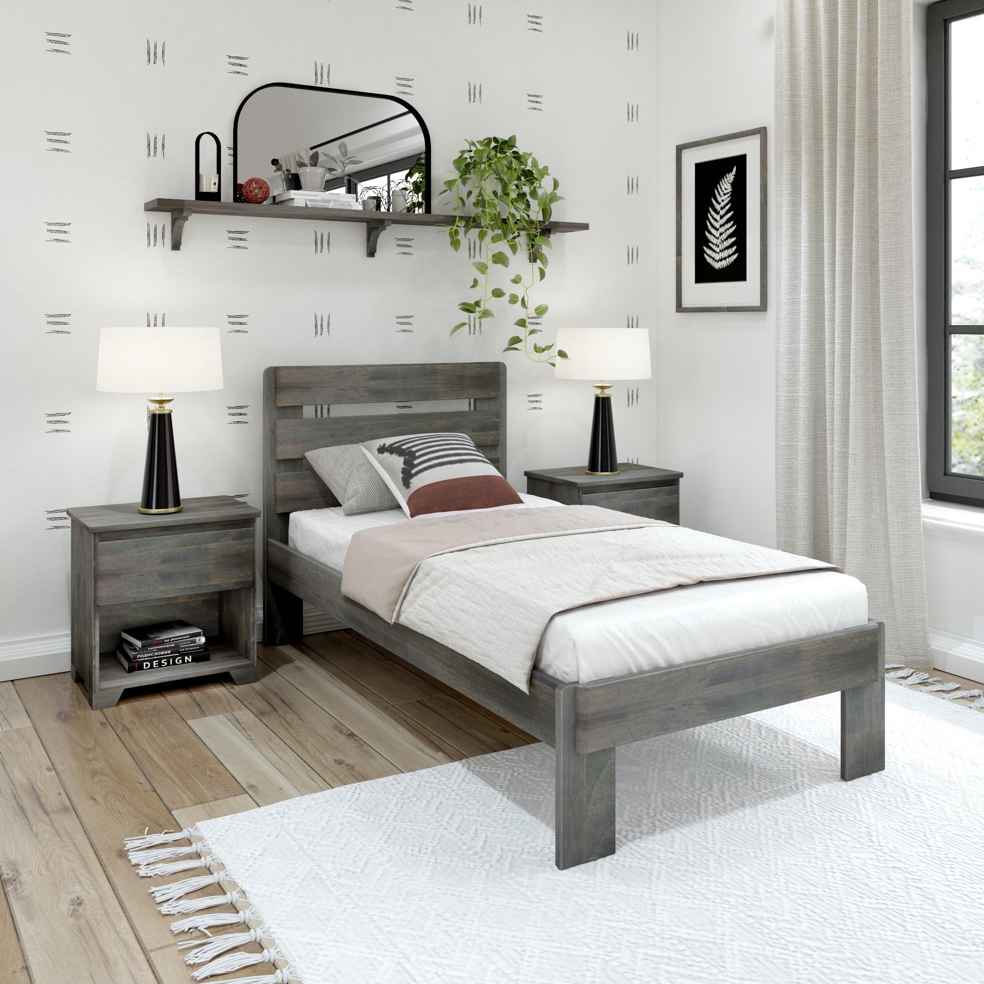 Plank+Beam Farmhouse Twin Bed Frame with Plank Headboard, Solid Wood Platform Bed, Driftwood