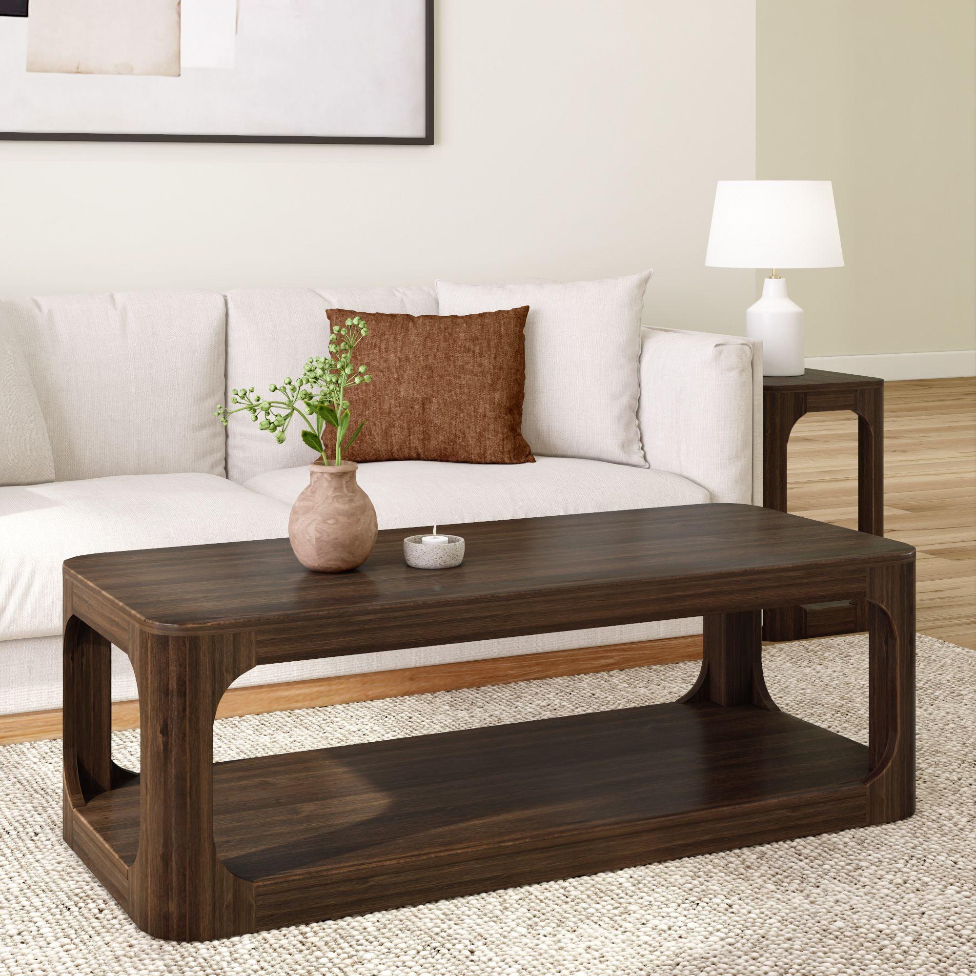 Plank+Beam Solid Wood Forma Coffee Table, 54" Modern Coffee Table with Storage Shelf, Walnut