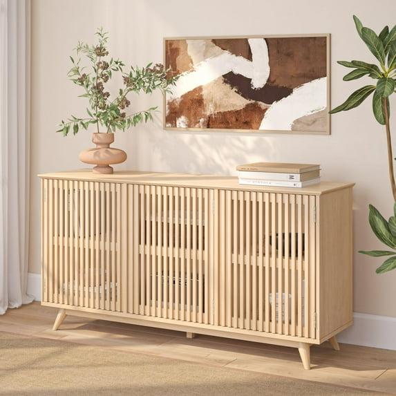 Plank+Beam Mid Century Modern Solid Wood Sideboard with 3 Doors, 59" TV Stand for Living Room, Blonde