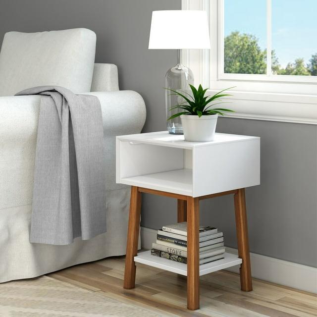 Plank+Beam Mid - Century Modern Nightstand with Cubby Shelf, Solid Wood Bedside Table for Bedroom