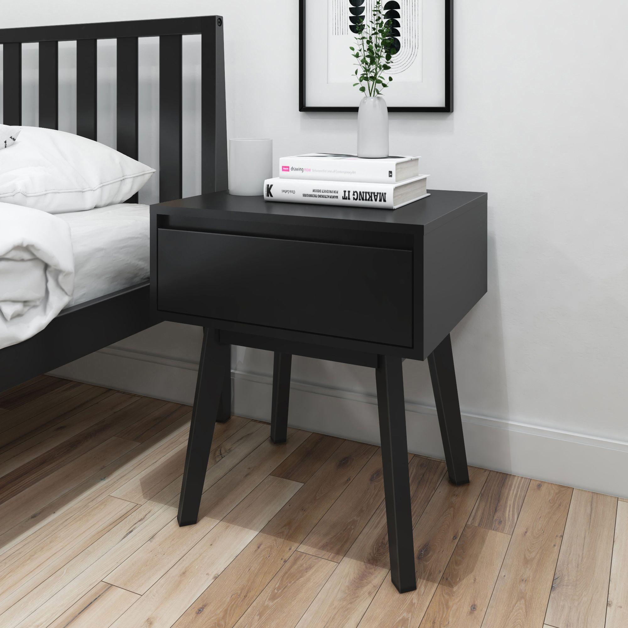 Plank+Beam Solid Wood Nightstand with Storage Drawer, Modern Small End Table, Black