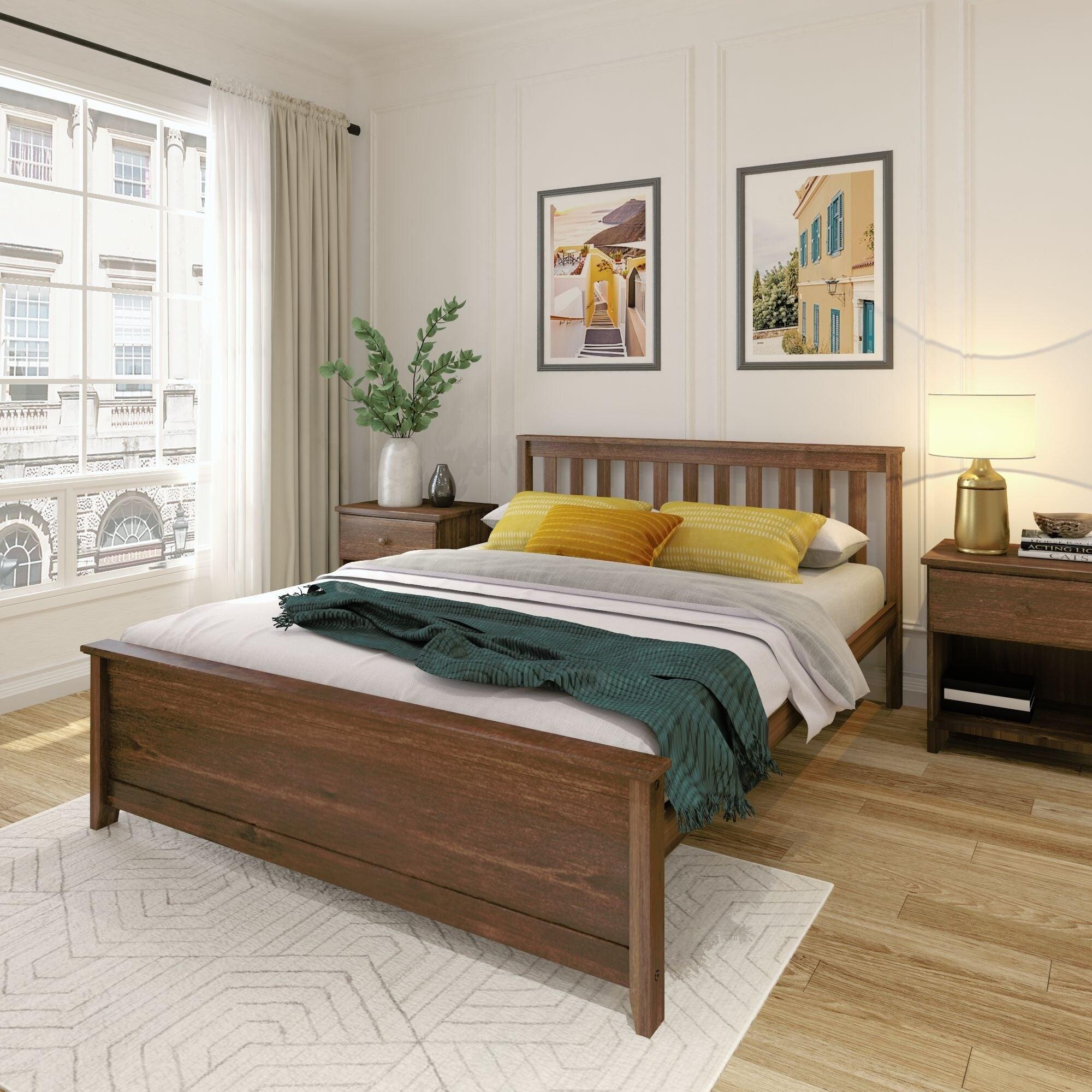 Plank+Beam Queen Bed Frame with Slatted Headboard Solid Wood Platform Bed, No box Spring Needed, Walnut