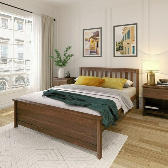 Plank+Beam Queen Bed Frame with Slatted Headboard Solid Wood Platform Bed, No box Spring Needed, Walnut
