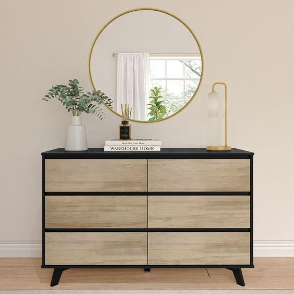 Plank+Beam Solid Wood Scandinavian 6-Drawer Dresser with MDF, Black/Blonde