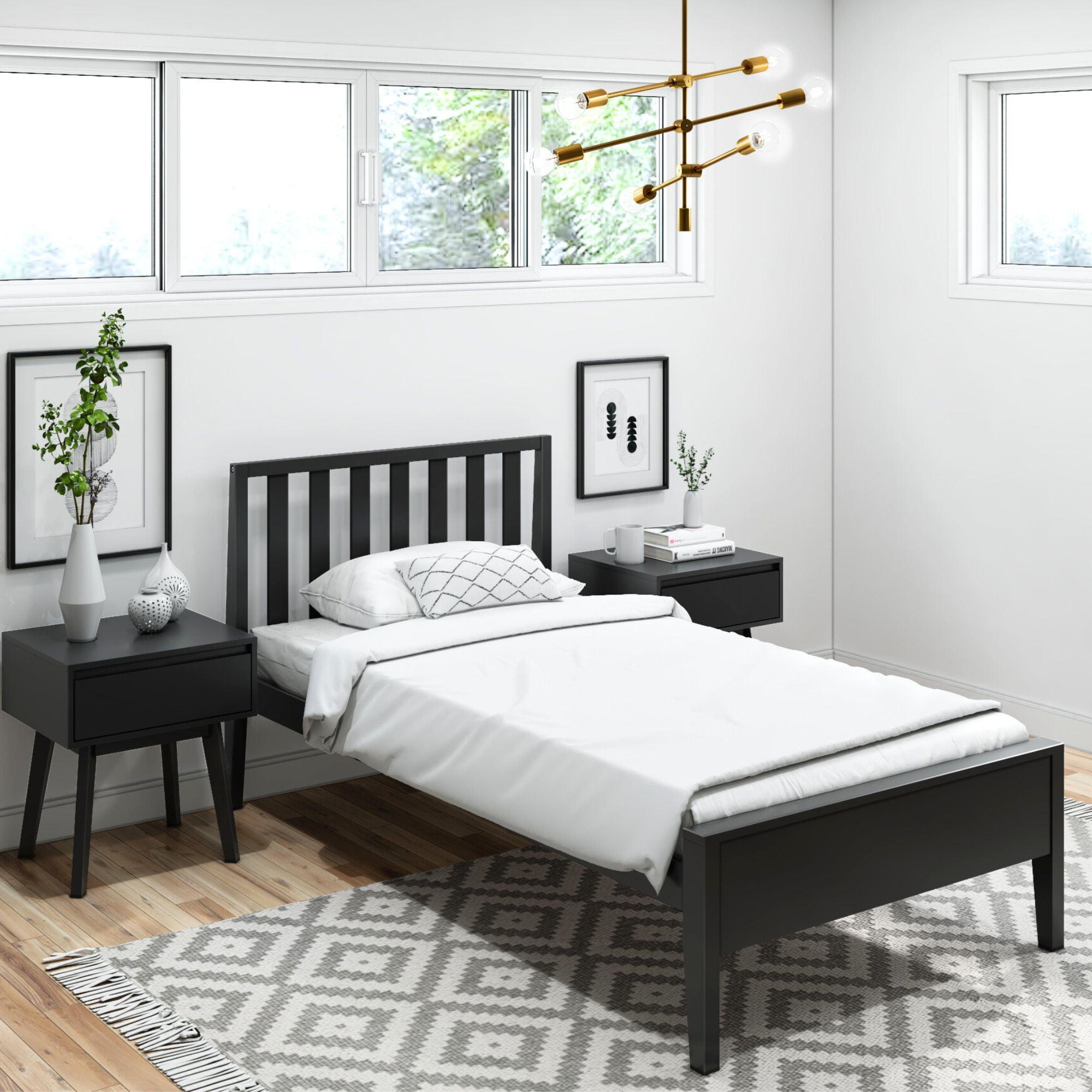 Modern Black Pine Twin Bed Frame with Slatted Headboard