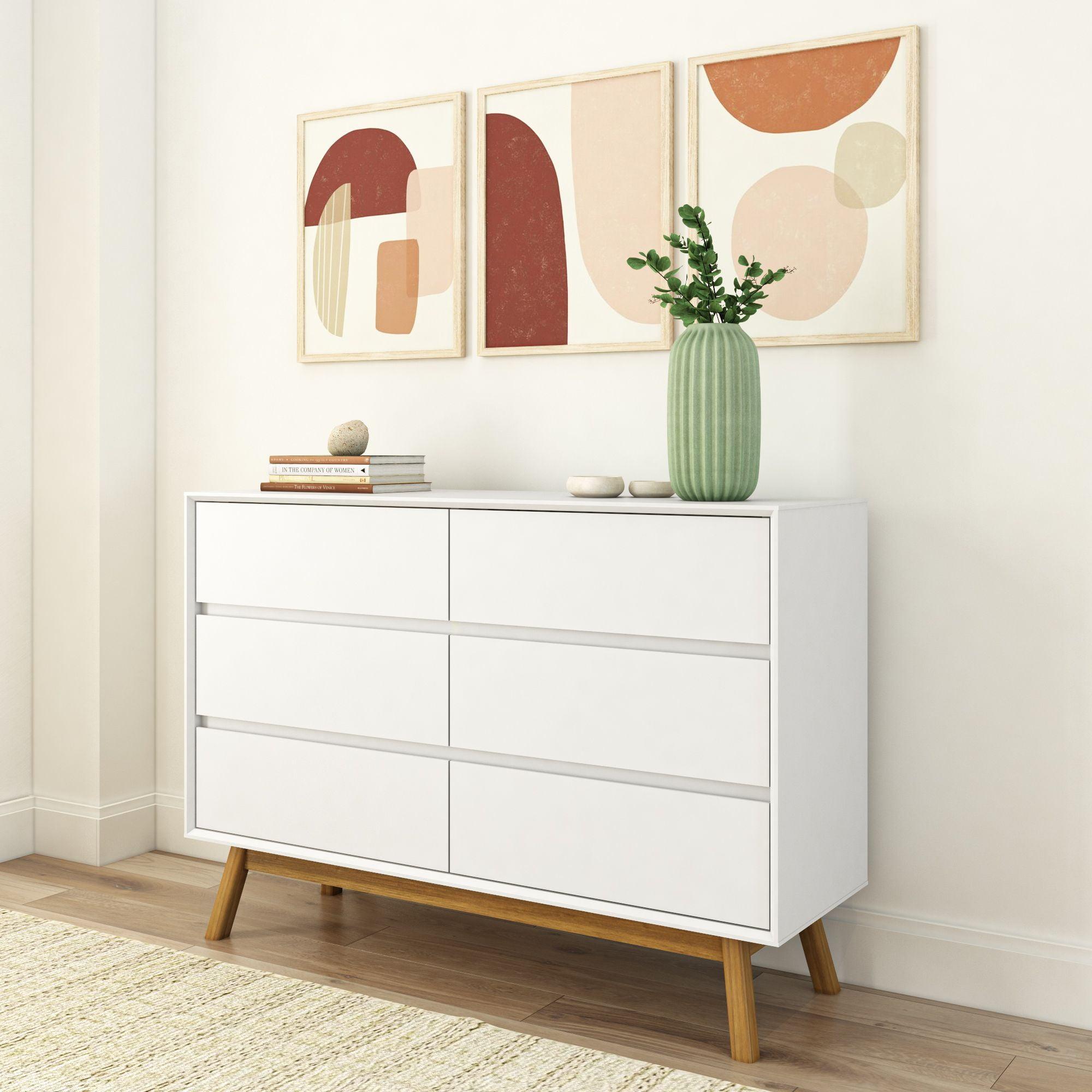 Plank+Beam Solid Wood Mid-Century Modern 6-Drawer Dresser, White/Pecan