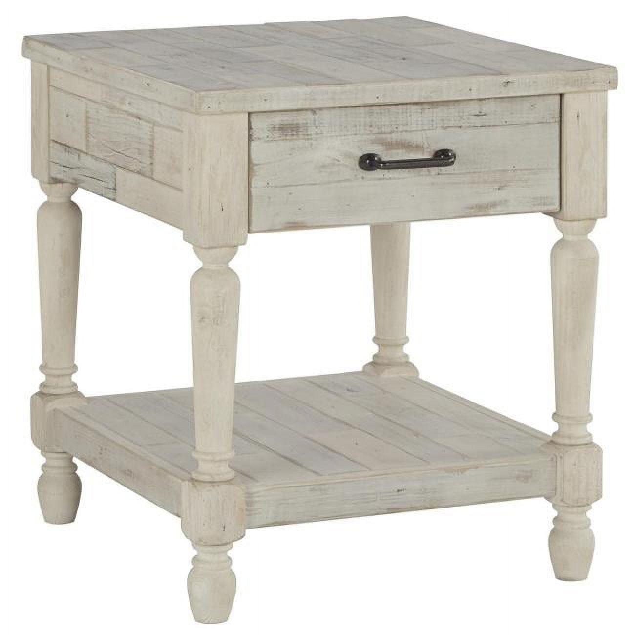 Washed White Solid Wood Farmhouse End Table with Storage