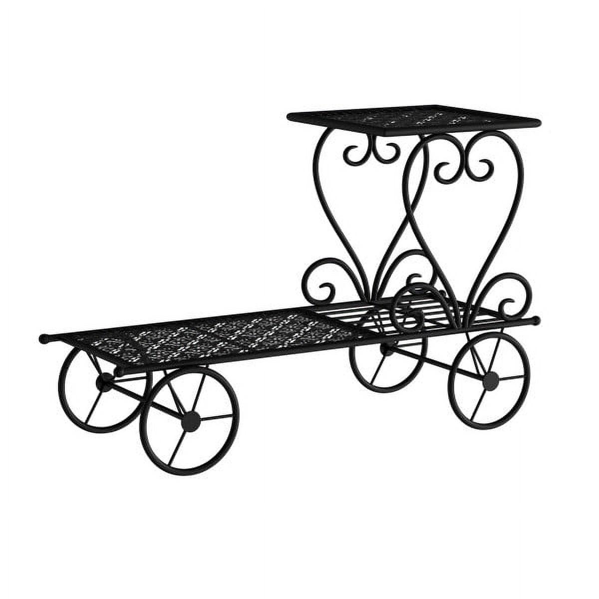 Vintage Charm 2-Tier Wrought Iron Plant Stand with Decorative Wheels, Matte Black