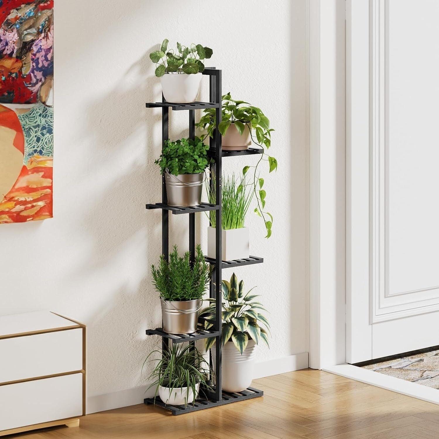 ROSSNY 48 Inch Tall Plant Stand Indoor, 6 Tier 7 Potted Bamboo Plant Stands for Indoor Plants, Corner Plant Stand, Tiered Plant Stands, Plant Shelf For Indoor, Planter Holder for Multiple Plants Indoor, Black
