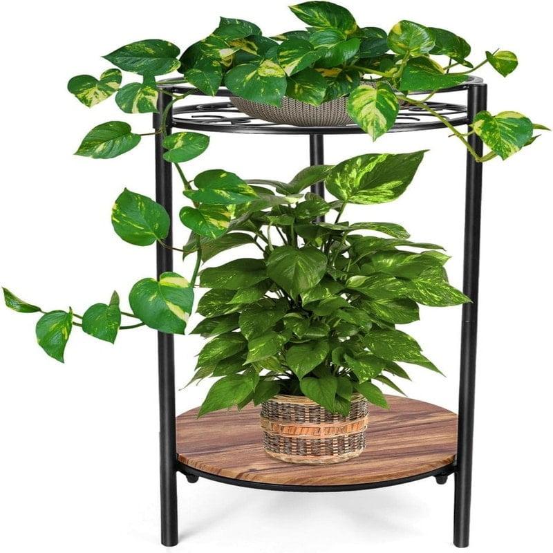 Black Iron and Wood 2-Tier Indoor Outdoor Plant Stand