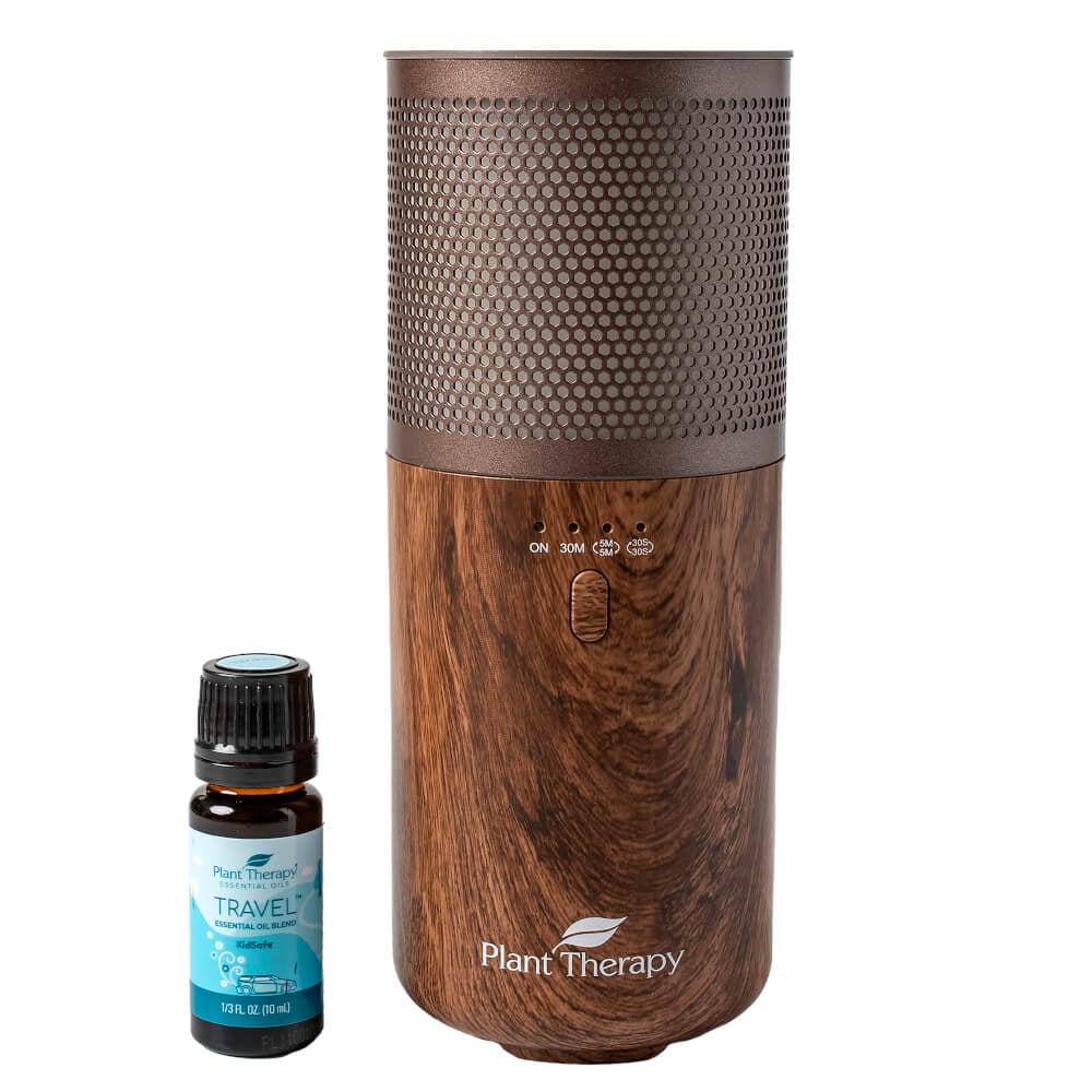 Plant Therapy Wood Grain Portable Diffuser Travel Pack, includes the Travel Essential Oil Blend 10 mL (1/3 oz) 100% Pure, Undiluted, Natural Aromatherapy, Therapeutic Grade