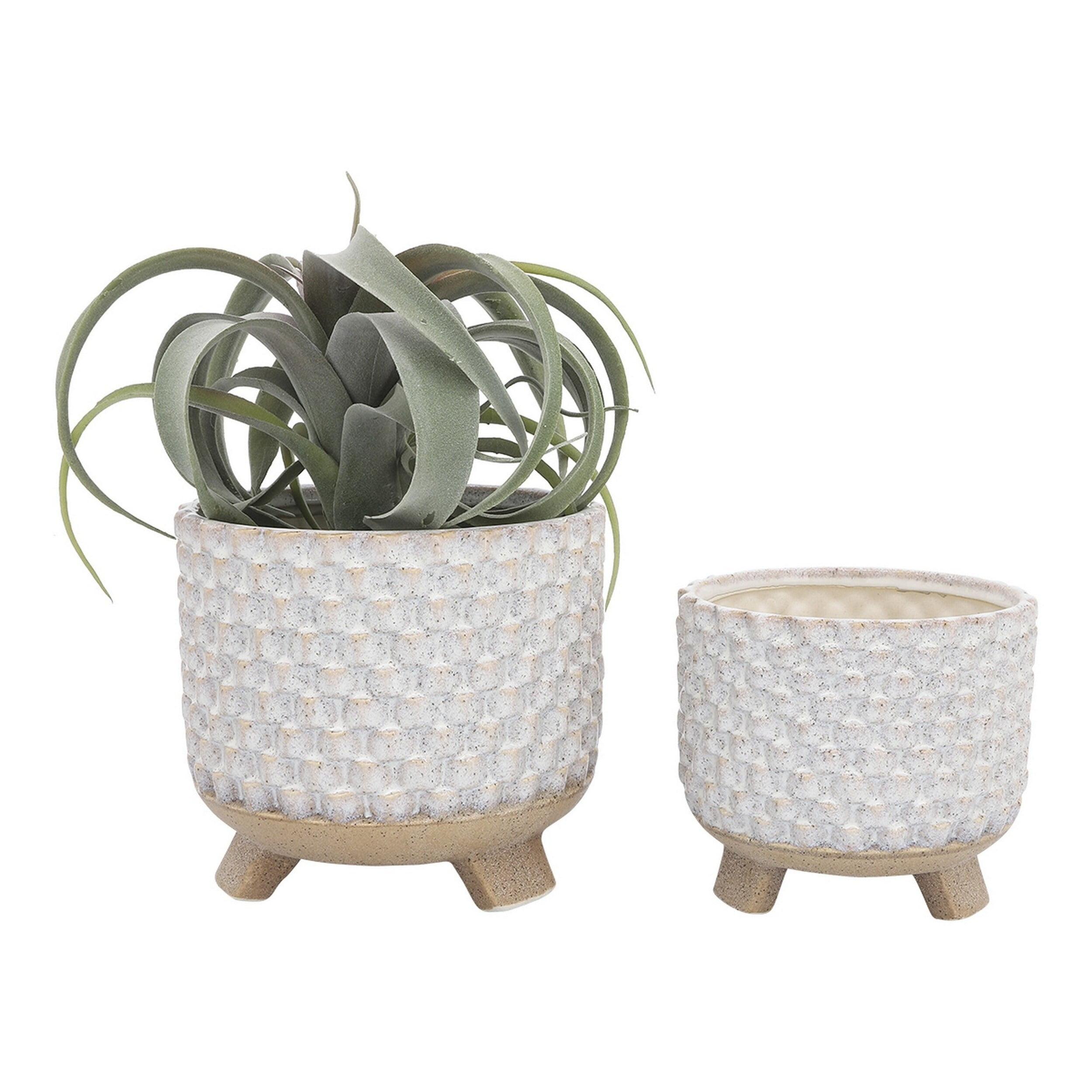 Embossed Ceramic Textured Off-White Planter Set with Beige Feet