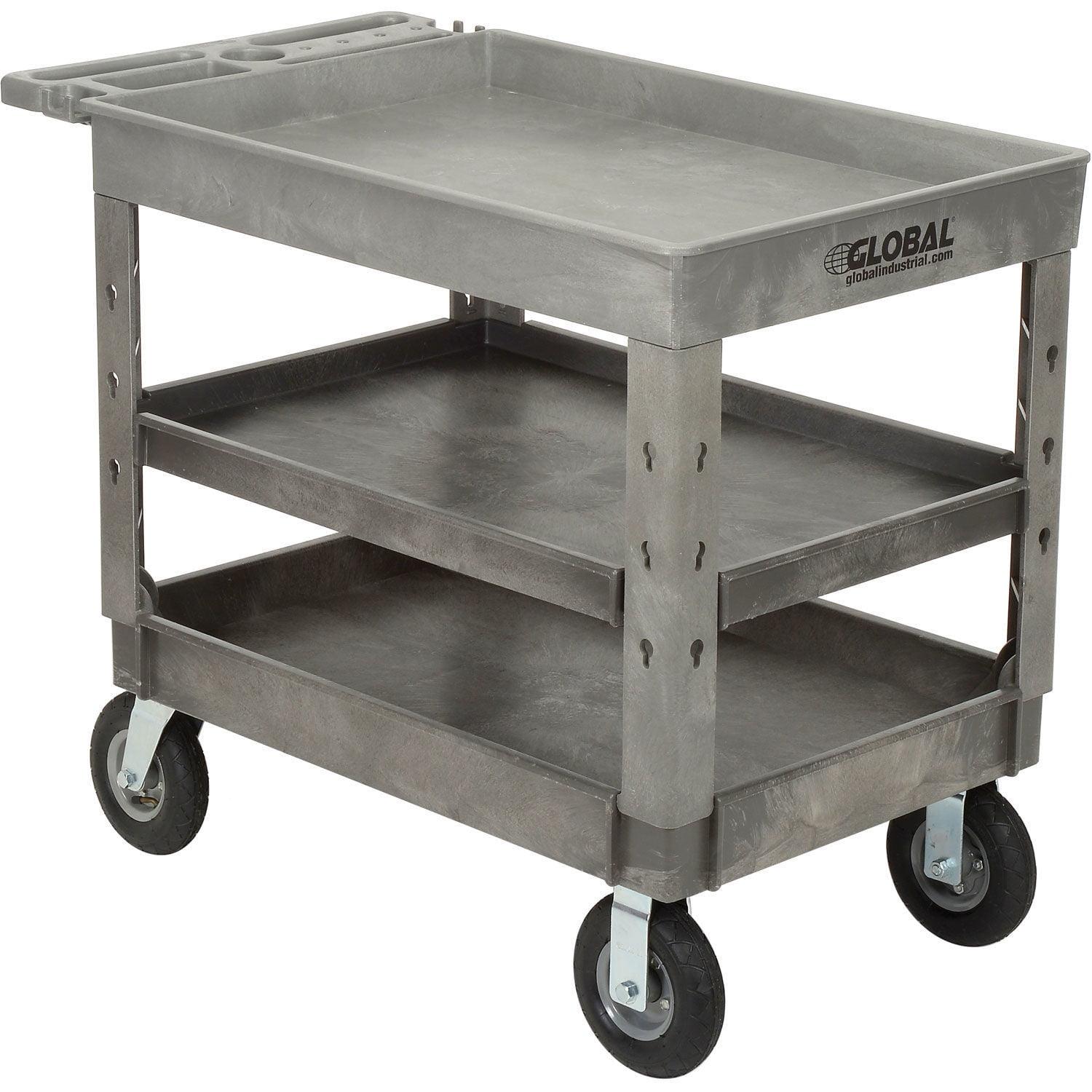 Gray Plastic 3 Tray Shelf Industrial Utility Cart with Pneumatic Wheels