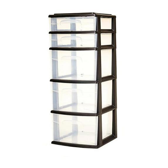Homz Plastic 5 Clear Drawer Medium Home Closet Organizer Storage Container Tower with 3 Large Drawers and 2 Small Drawers, Black Frame