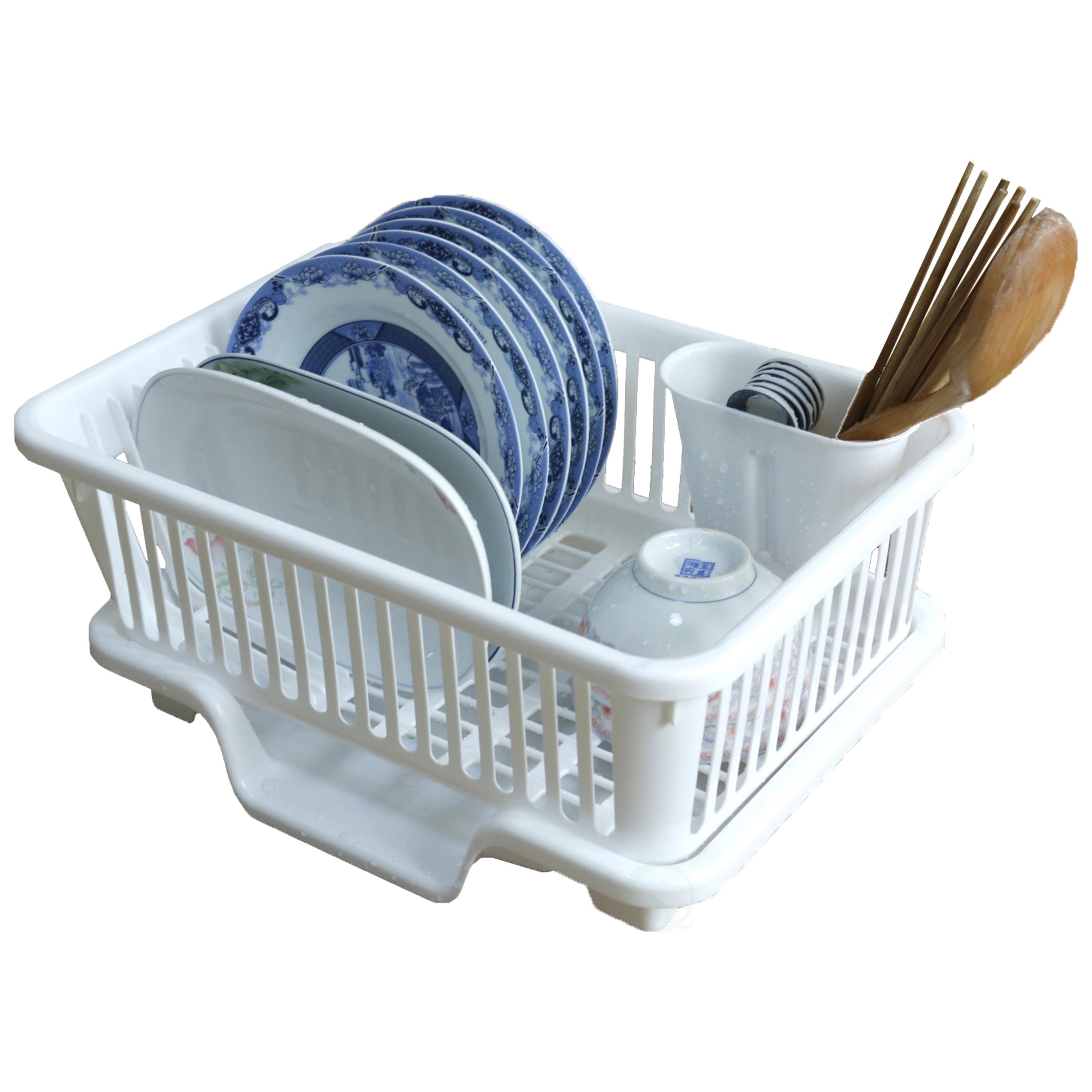 Basicwise Heavy Duty 2-Piece Plastic Dish Drying Rack Set in White - Includes Large Dish Drainer, Attached Drainboard, and Utensil Cup Holders