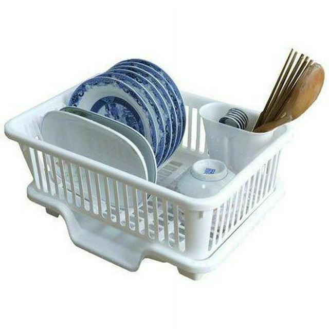 Basicwise Heavy Duty 2-Piece Plastic Dish Drying Rack Set in White - Includes Large Dish Drainer, Attached Drainboard, and Utensil Cup Holders for Home Kitchen Countertop Organization