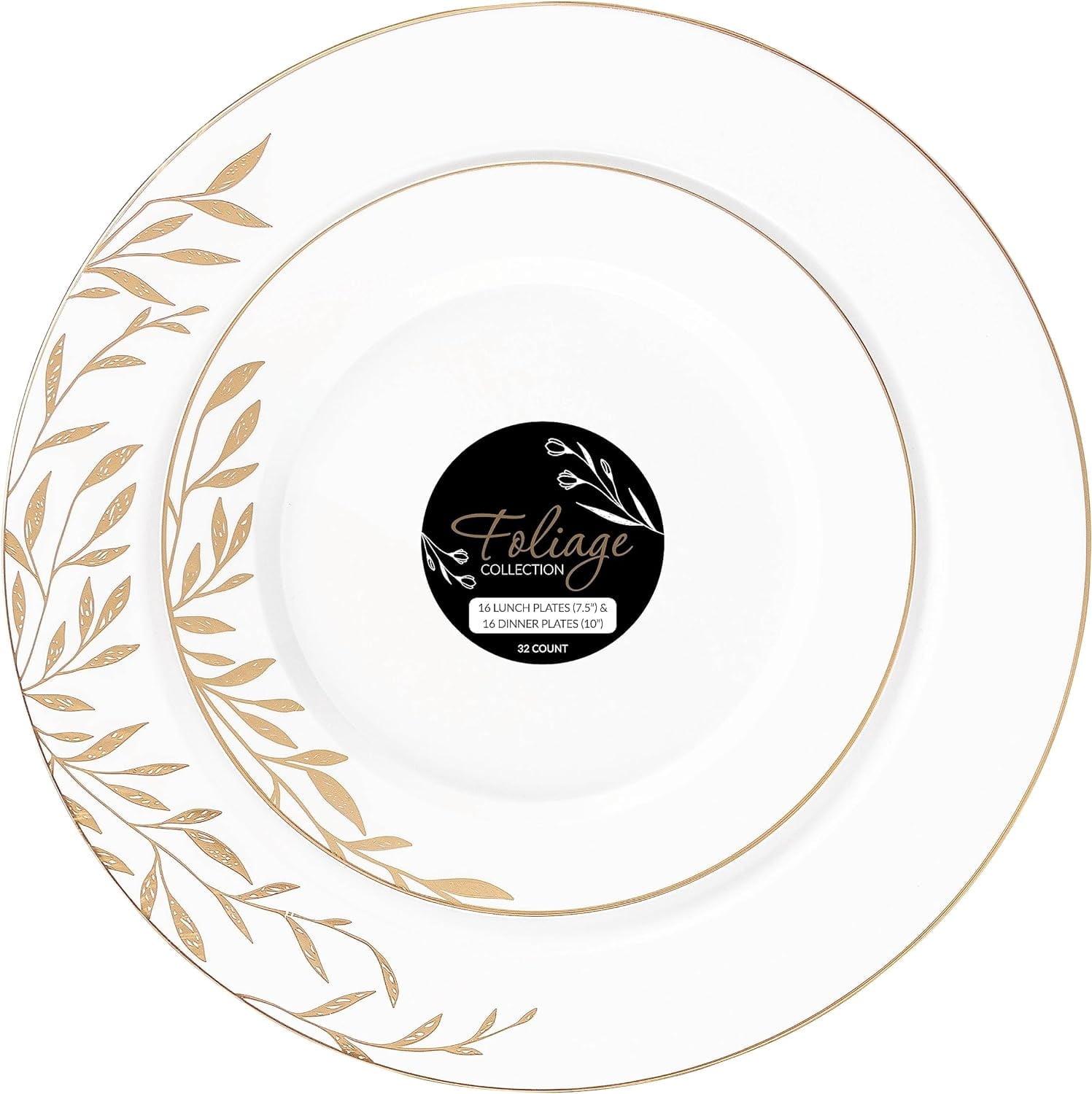 Elegant White and Gold Disposable Plastic Dinner Plates Set, 32 Pieces