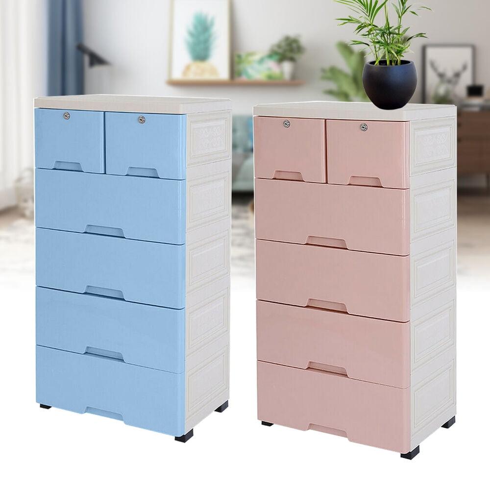 Pink 6-Drawer Plastic Storage Cabinet with Lock and Casters