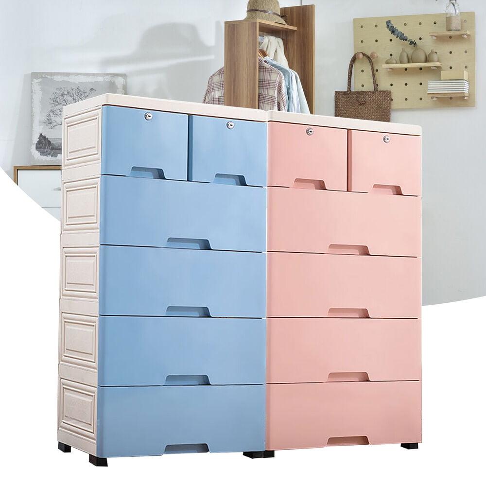 Pink 6-Drawer Plastic Storage Cabinet with Lock and Casters