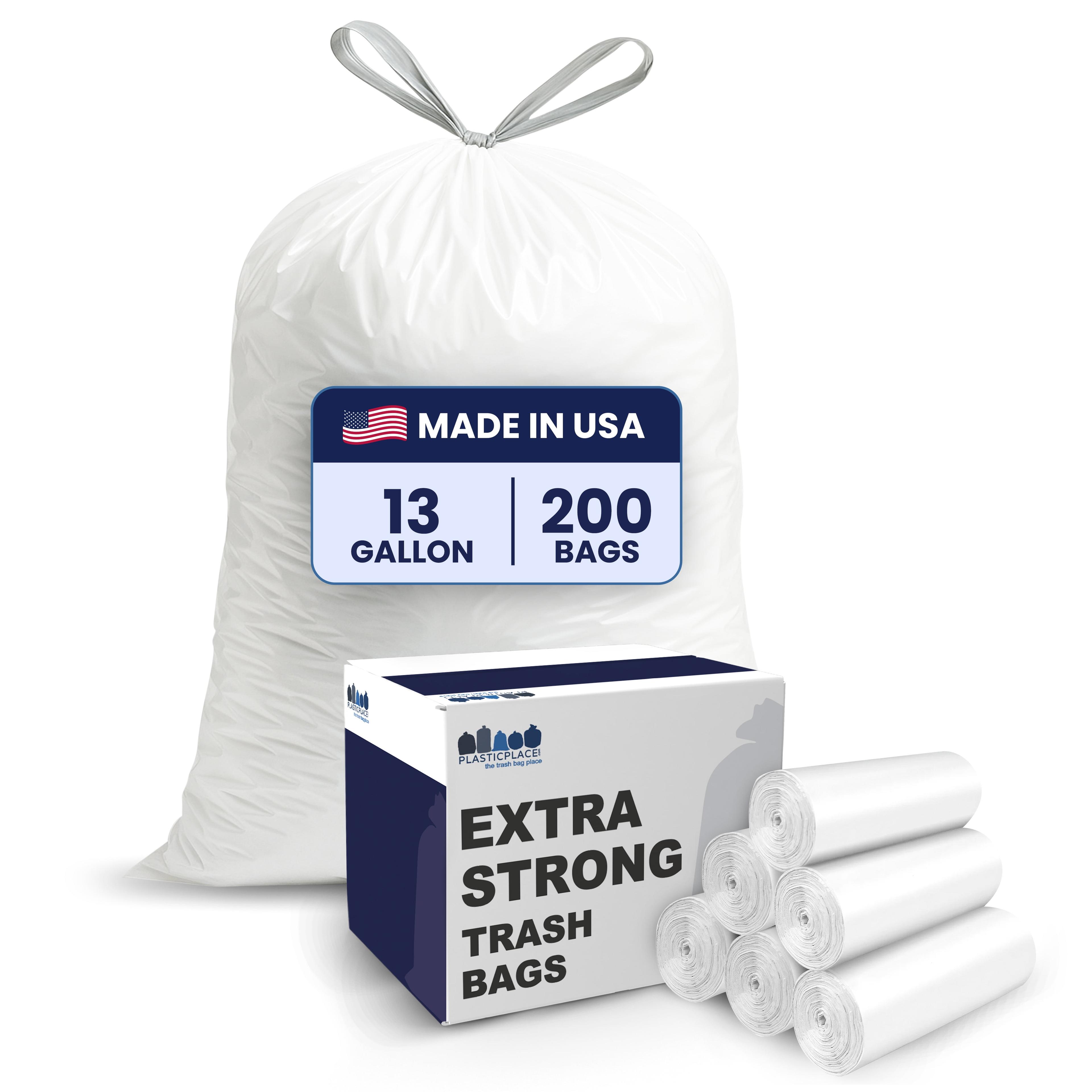 Plasticplace 13 Gallon Extra Tall Drawstring Kitchen Bags, 200 Count, White