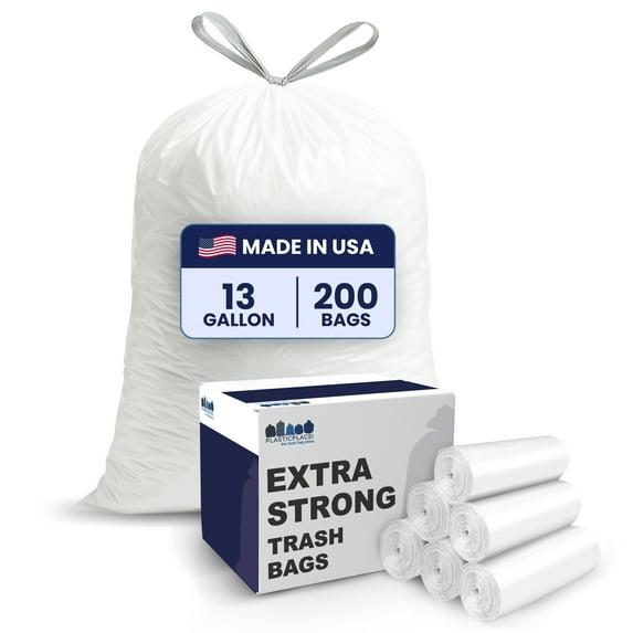 Plasticplace 13 Gallon Extra Tall Drawstring Kitchen Bags, 200 Count, White