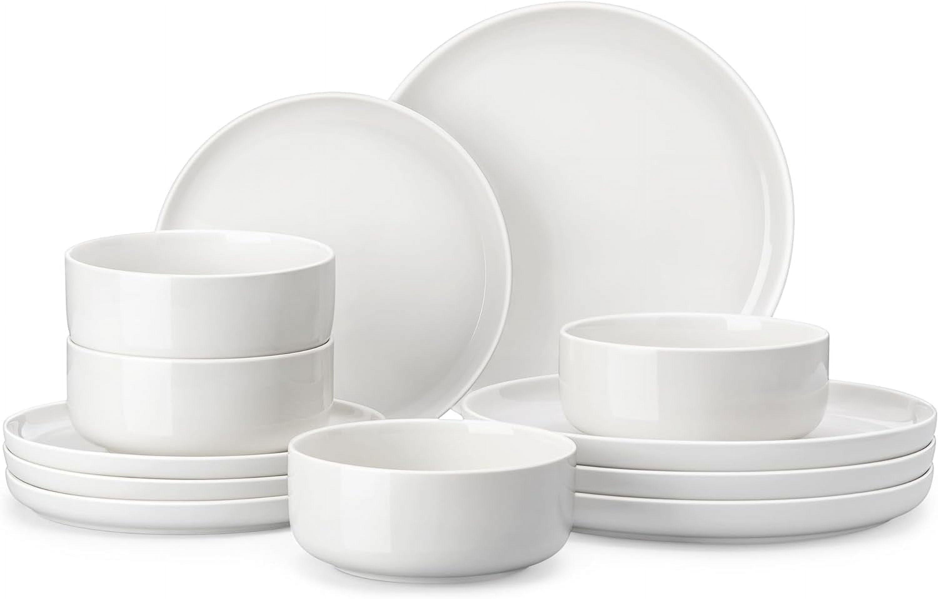 Plates and Bowls Sets, 12 Pieces Porcelain Dinnerware Sets Dishware Sets Chip Resistant Ceramic Dish Set Dining Dinner Ware Service for 4, White, Series LUNA