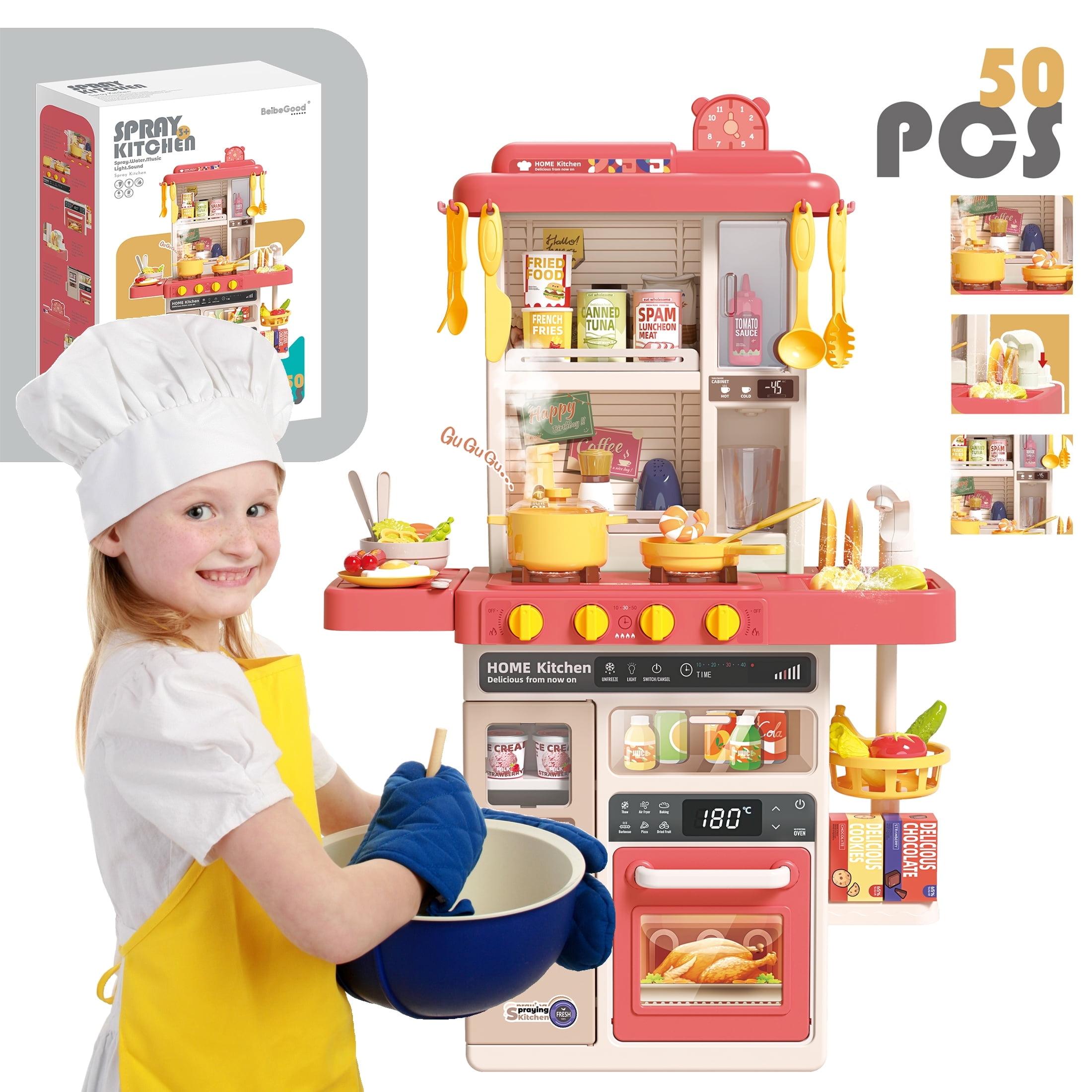 Koppop Kids Kitchen Playset 50pcs - with Sound, Light & Steam Effects, Pretend Play Toys Includes Food, Sink & Stove, Ideal for Boys & Girls Ages 3-6 (Red).