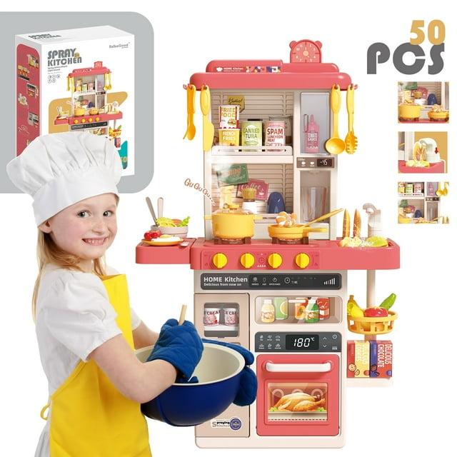 Koppop Kids Kitchen Playset 50pcs - with Sound, Light & Steam Effects, Pretend Play Toys Includes Food, Sink & Stove, Ideal for Boys & Girls Ages 3-6 (Red).