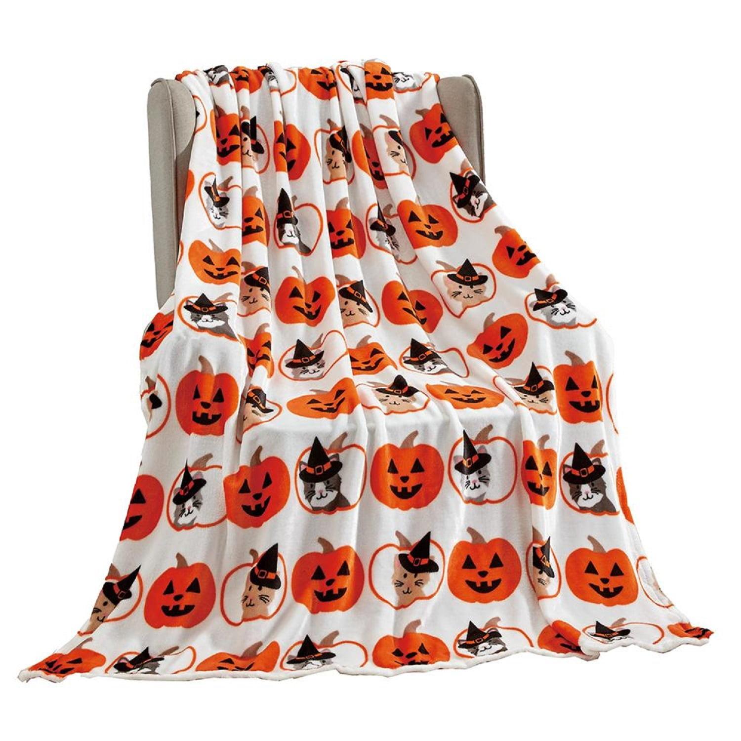 Plazatex Pumpkins & Cats plush Decorative Halloween Machine Washable Throw 50" X 60" Grey