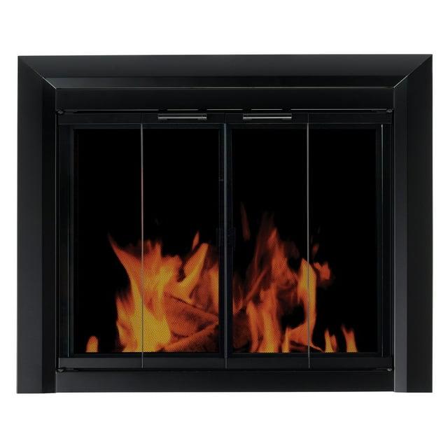Pleasant Hearth Clairmont Fireplace Screen and Bi-Fold Track-Free Smoked Glass Doors - Black