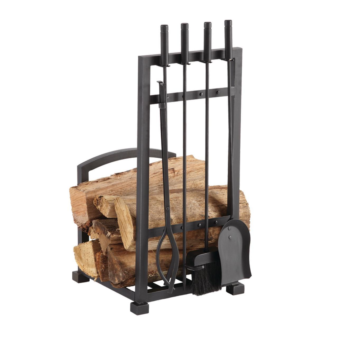 Harper Black Steel Log Rack with Fireplace Tools