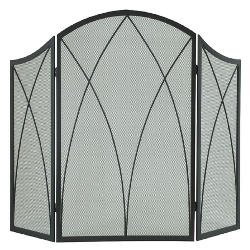 Black Steel Arched Three-Panel Fireplace Screen