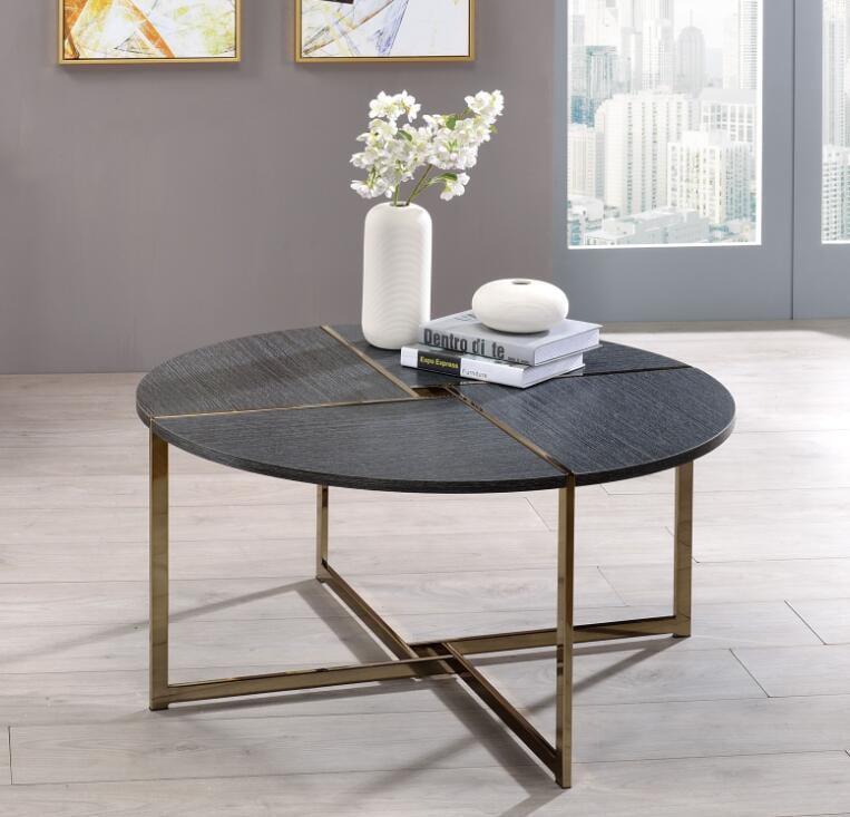 Bromia Coffee Table Black/Champagne - Acme Furniture: Elegant Round Design, Metal Frame, Paper Veneer Top