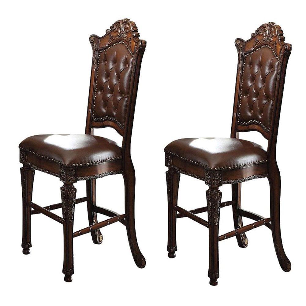 Cherry Wood Counter Height Stools with Tufted Leather Upholstery