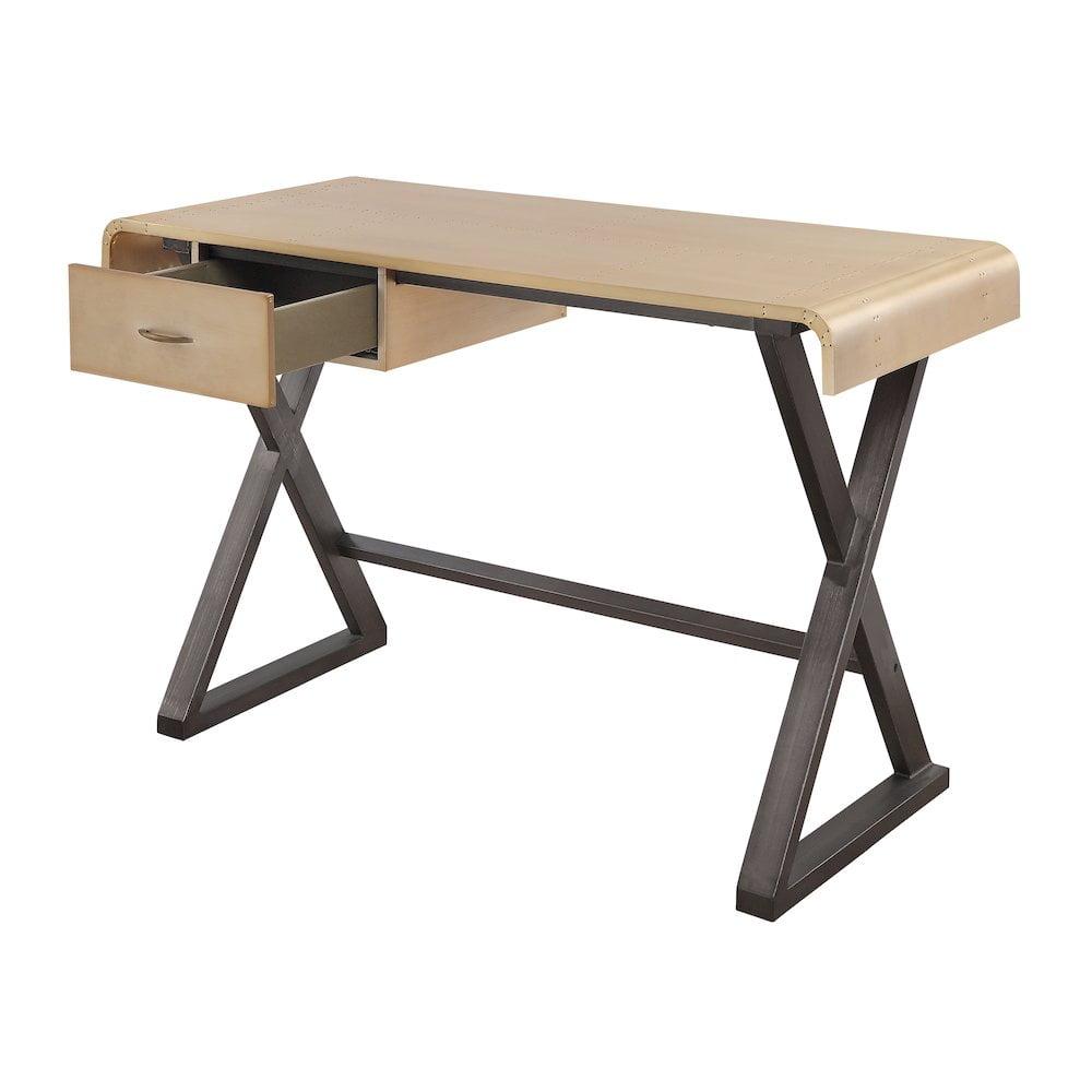 Gold Aluminum and Gray Writing Desk with X-Shape Metal Base