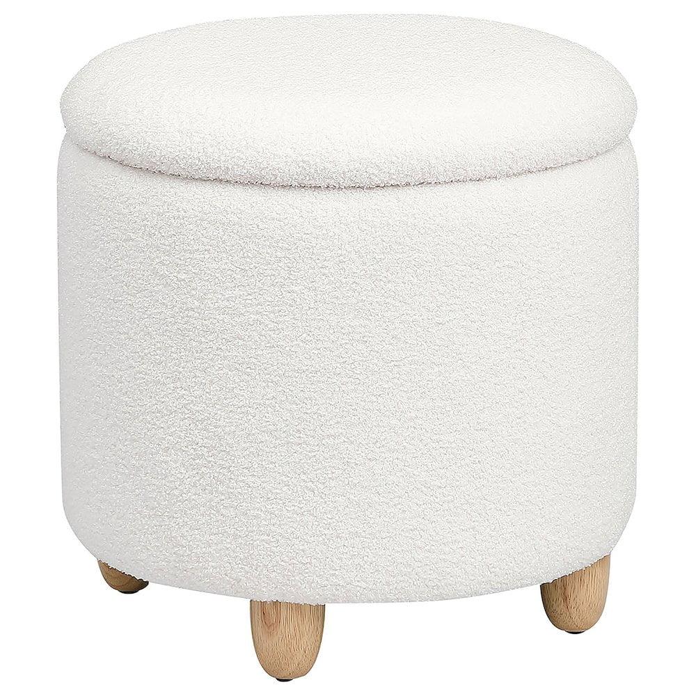 White Faux Sheepskin Round Storage Ottoman with Wood Legs