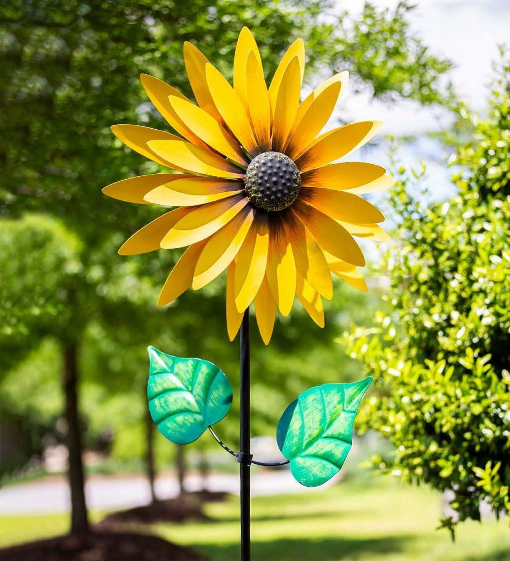 75-Inch Yellow Sunflower Metal Wind Spinner with Leaves