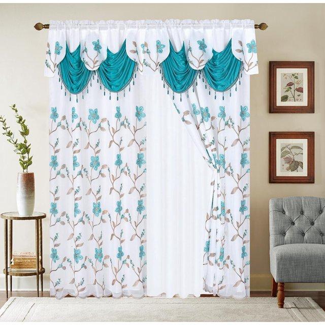 Red Barrel Studio® Embroidery Sheer Curtain 2 Panels Set Luxury Window Curtain Attached Valance With Satin Backing And 2 Tie Backs
