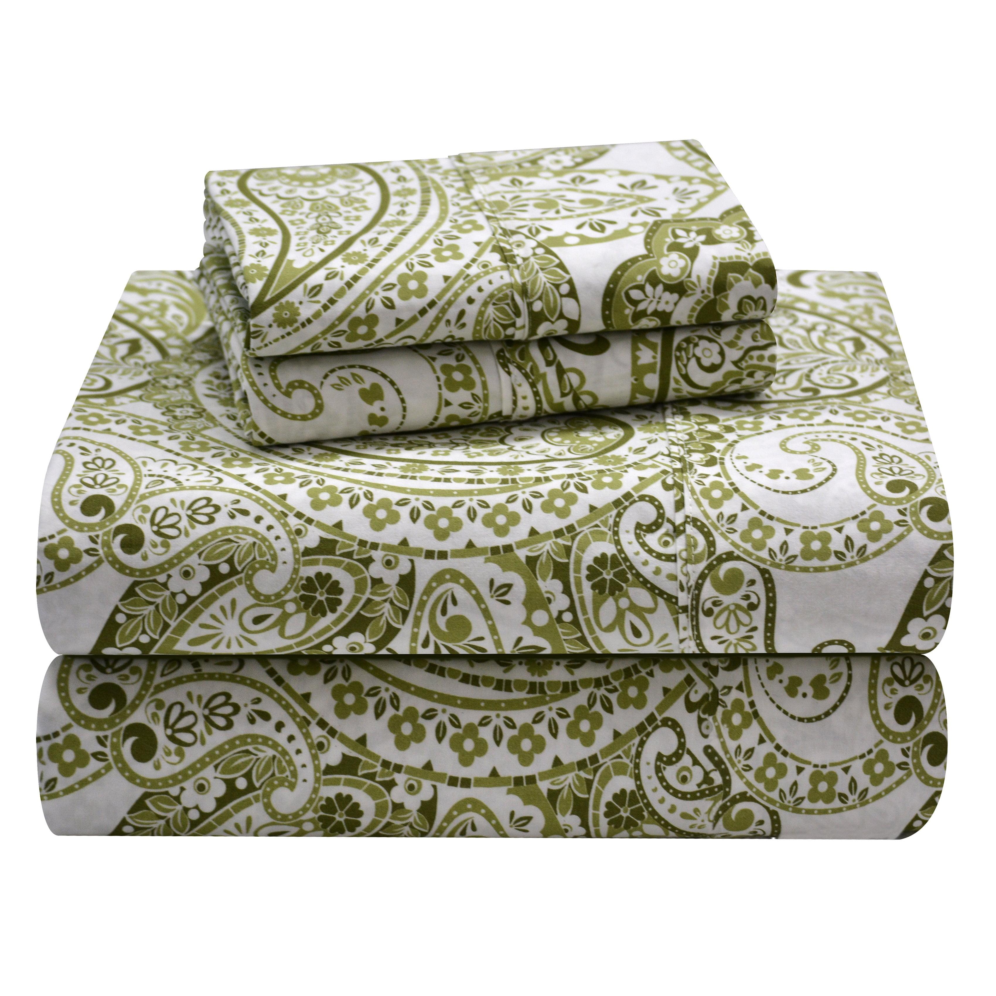 Twin XL Green Cotton Percale Paisley Sheet Set