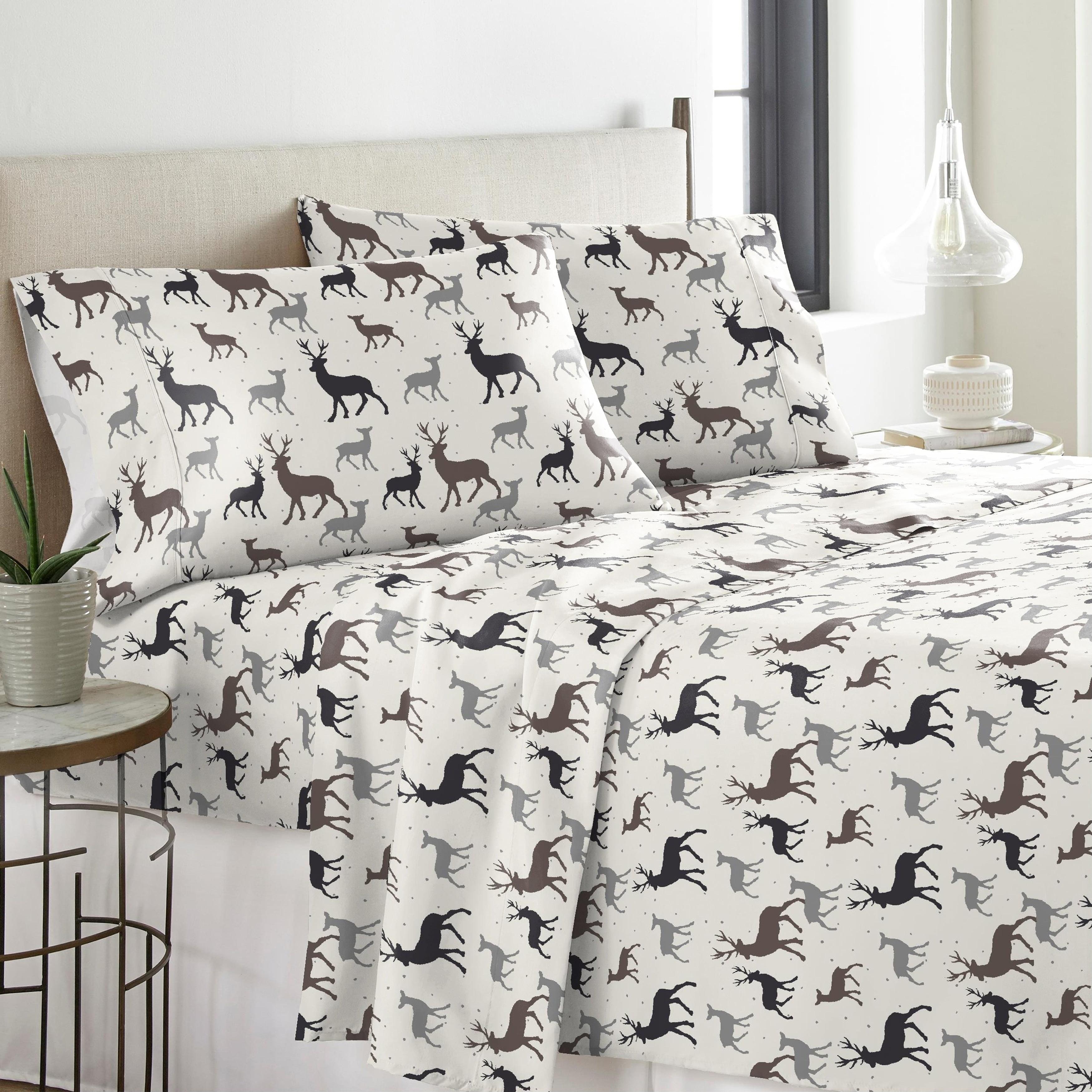 Pointehaven Solid or Print Cotton Heavyweight Flannel Bed Sheet Set Autumn Deer Twin Animal Print, Striped