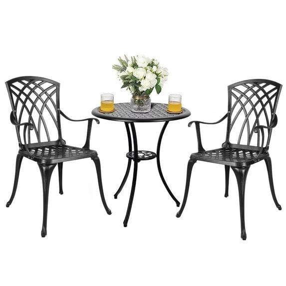 Polar Aurora 3 Piece Cast Aluminum Patio Bistro Set Table Outdoor Round Dining Armchair with Umbrella Hole for Porch, Lawn, Garden, Backyard, Pool, Black