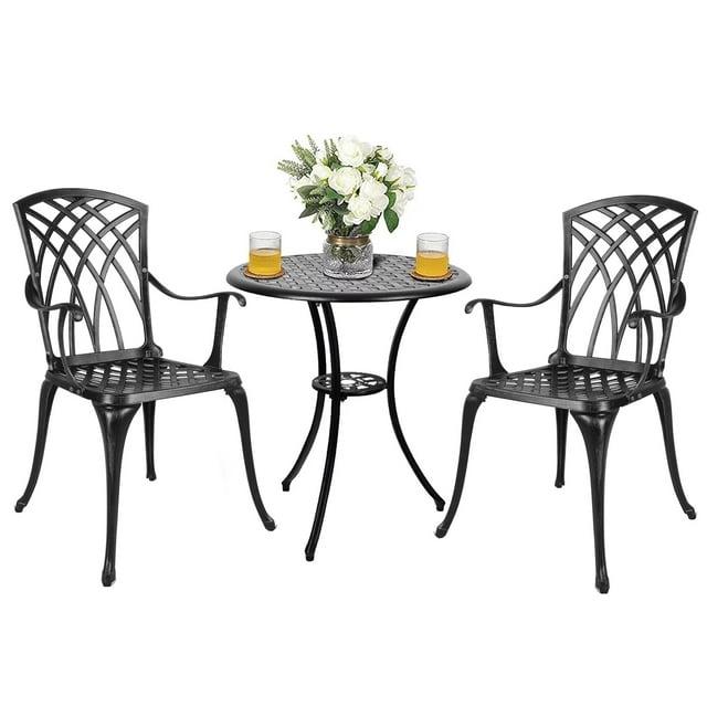 Polar Aurora 3 Piece Cast Aluminum Patio Bistro Set Table Outdoor Round Dining Armchair with Umbrella Hole for Porch, Lawn, Garden, Backyard, Pool, Black
