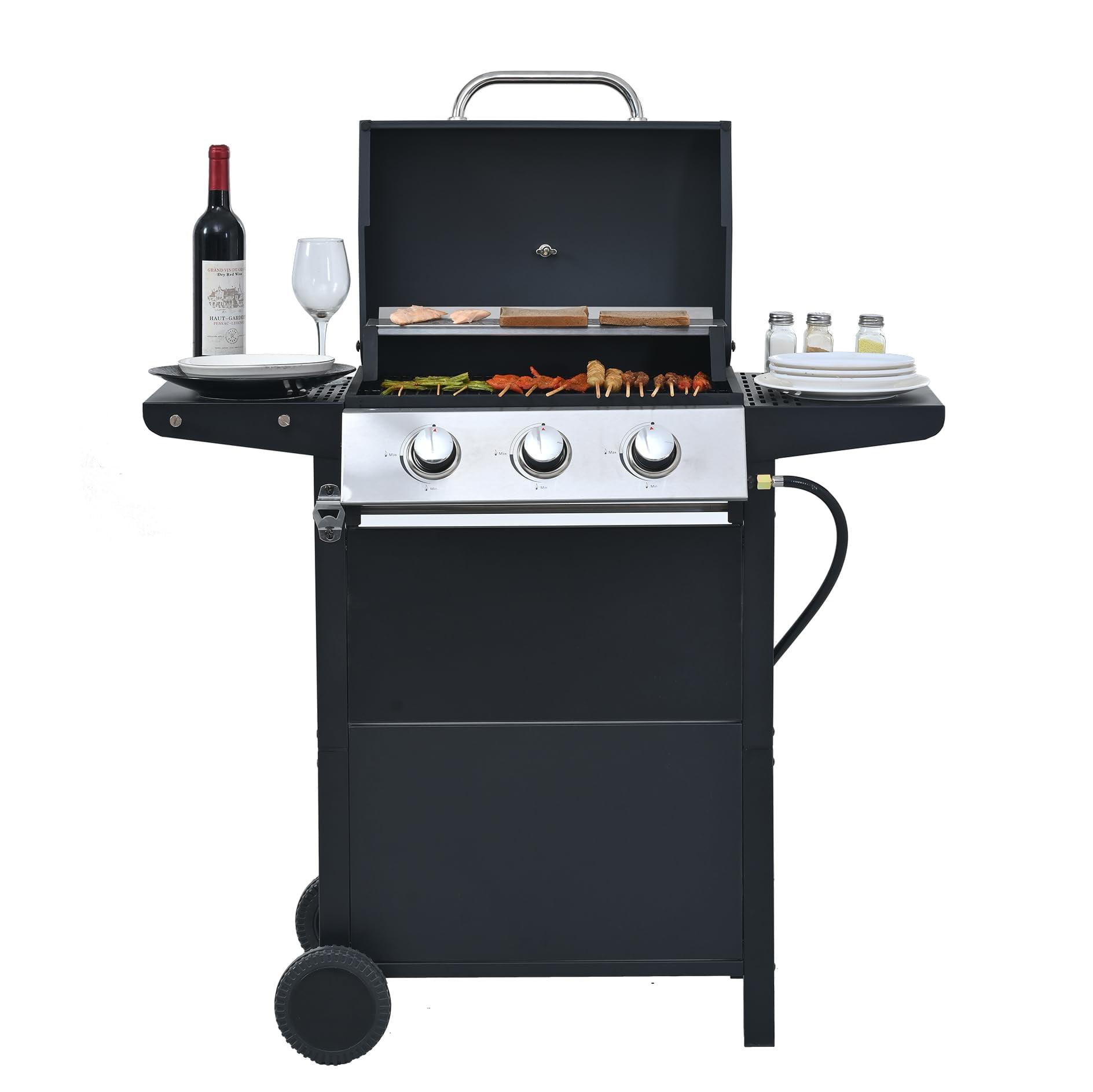 3-Burner Propane Grill with Top Cover Lid, Wheels, Side Tables, Built-in Thermometer, Stainless Ste